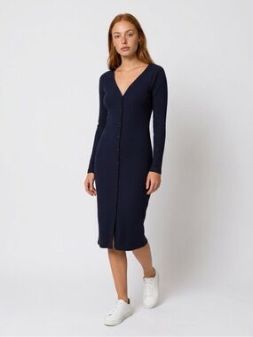 Wayf Navy Ribbed Button-Front V-Neck Midi Dress